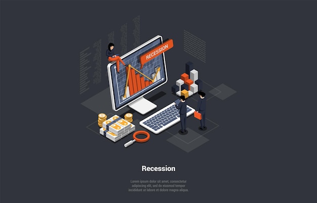 Concept of recession inflation bankruptcy decline in manufacturing or slowdown in economic growth mass dismissal stressed people trying to safe money isometric cartoon 3d vector illustration