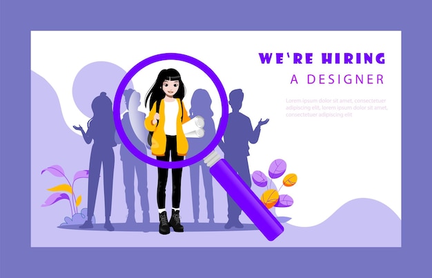 Vector concept of recruitment agency and human resources. website landing page. hr manager is choosing best candidates for designer position for the company. web page cartoon flat style vector illustration.