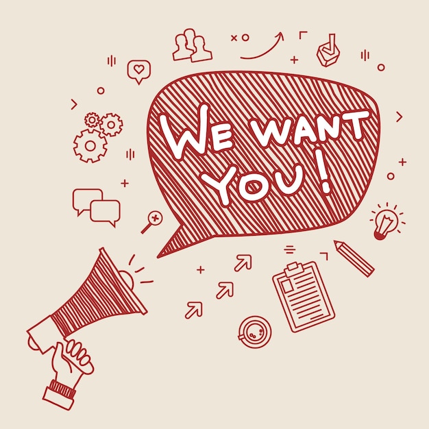 Concept of  recruitment. we want you. hand holding megaphone. hand drawn illustration.