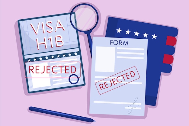Il concetto di visto di lavoro americano rifiutato, h1b. vista dall'alto, passaporto con timbro verde, penna e una cartella di documenti. illustrazione vettoriale in stile piatto.