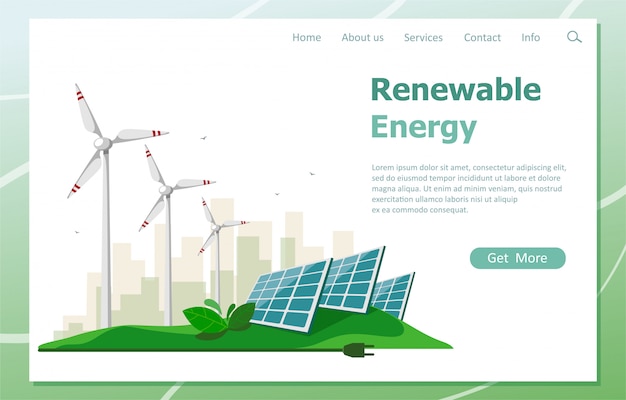 The concept of renewable energy from the sun and wind turbines. Landing page of green energy resources.   illustration in a flat style.