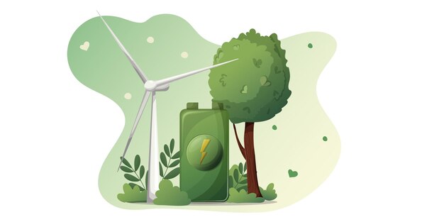 Vettore concetto di energia verde rinnovabile pianeta mulino a vento batteria albero terra giorno protezione della natura