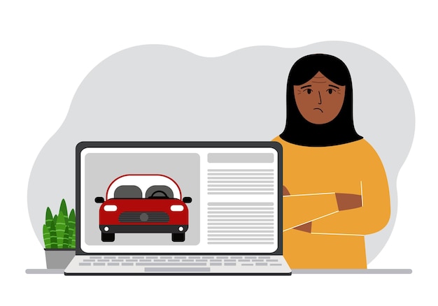 Концепция аренды или покупки автомобиля Арабская женщина с ноутбуком, на котором сайт об автомобиле