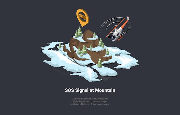 Concept Of Rescue Operation Signal for Emergency Services Helicopter Rushes to the Rescue on an Incoming SOS signal From Alpinists in a Mountainous Area Isometric 3d Cartoon Vector Illustration