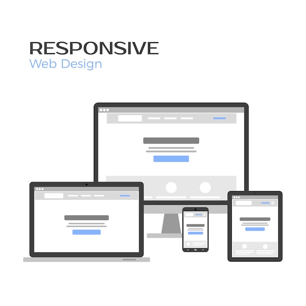 Vector concept responsive webdesign. voorbeeld van bestemmingspagina op gadgetscherm. geïsoleerd op wit