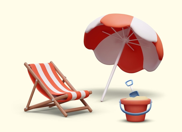 Concept of rest on beach 3D large umbrella striped deck chair sand bucket