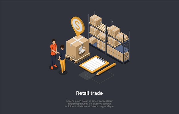 Concept Of Retail Trade. Business People Make A Deal Of Supply Goods. Characters Shaking Hands In Warehouse. Goods In Cardboard Boxes On Pallets And On Racks.