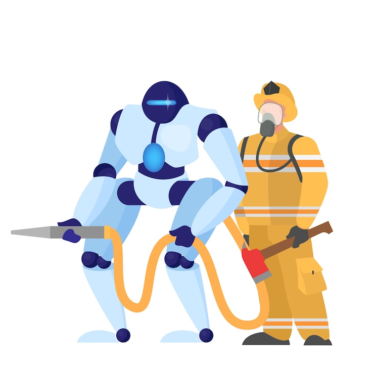 Vector concept of robotic fireman help human. futuristic technology concept of professions.