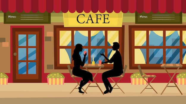 Concetto di appuntamento romantico. coppia in amore uomo e donna in un caffè urbano. personaggi seduti al tavolo, parlando e divertendosi. dialogo tra partner romantici. cartoon illustrazione piatta.