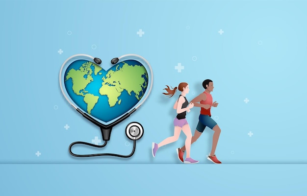 Vector concept of running for health . paper cut .