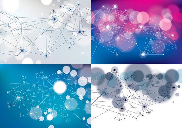 Vector concept of the science, chemistry, biology, medicine, technology 3d connection mesh backgrounds set. with blurred defocused round lights textures. vector abstract virtual particles structures.