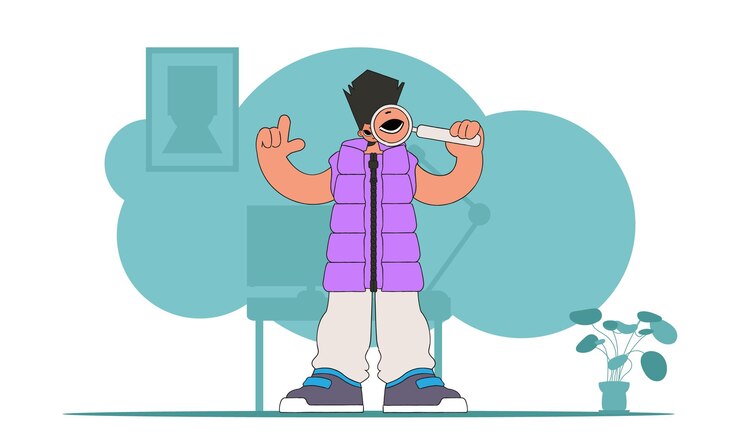 Vector the concept of searching for information the man is holding a magnifying glass linear retro style character