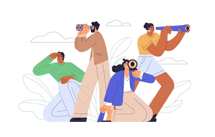 Vector 기회, 결정, 새로운 비즈니스 아이디어 또는 직원을 검색하는 개념입니다. 발전 방향을 선택하는 미래를 내다보는 사람들. 흰색에 고립 된 다채로운 평면 벡터 일러스트 레이 션.