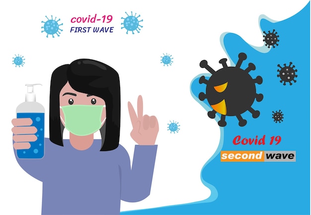 Il concetto del secondo focolaio di coronavirus donna che tiene in mano due dita per simboleggiare la lotta e uccidere i germi illustrazione vettoriale del coronavirus