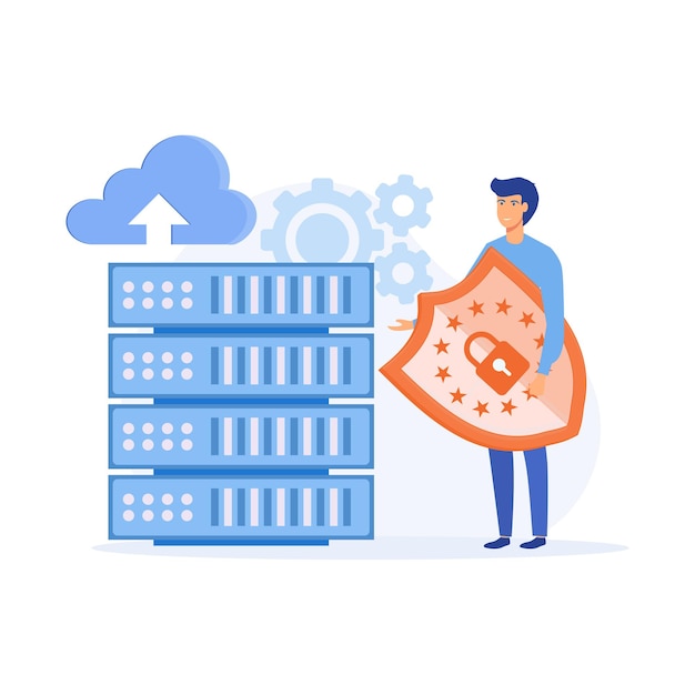 Concept of secured database Man holding shield and server or hard disks