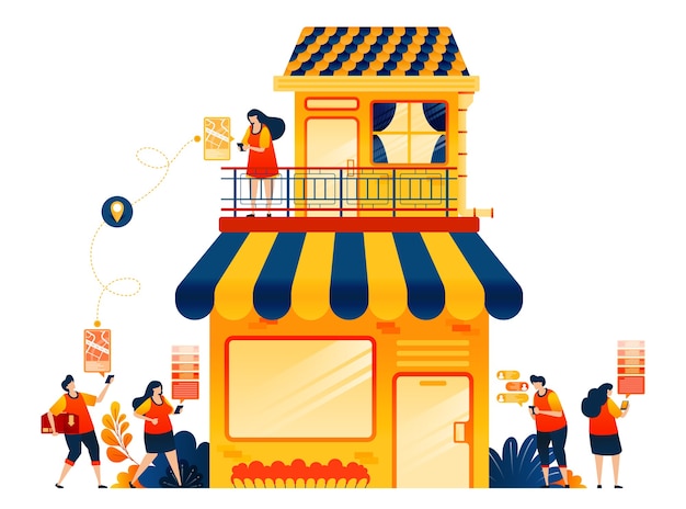 Vector concept of selling online with ecommerce delivery service shophouse with apartment