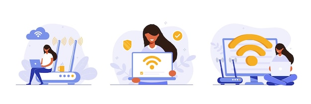 Vector concept set mobile network wireless internet woman holding wifi device with wifi symbol on screen