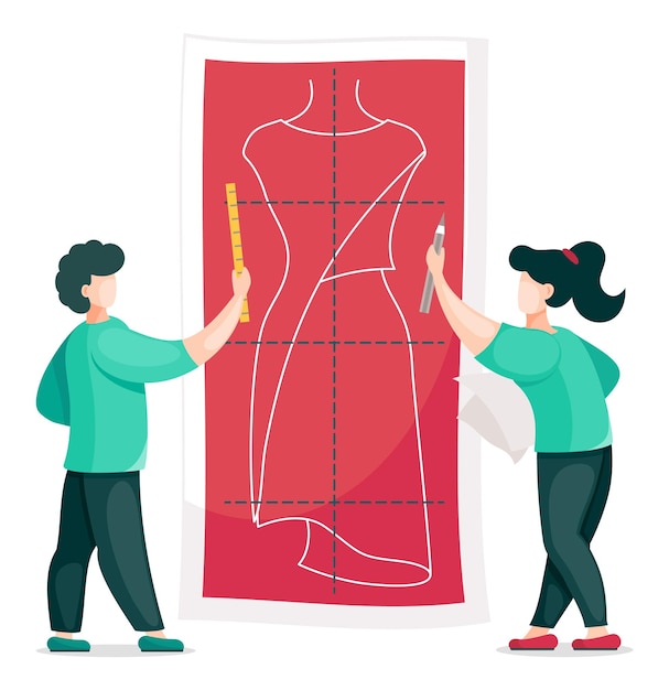 Vector concept of sewing workshop with designers seamstress with ruler and pencil working with dress pattern sewers with stationery tools man and woman look at pattern of future dress cartoon characters