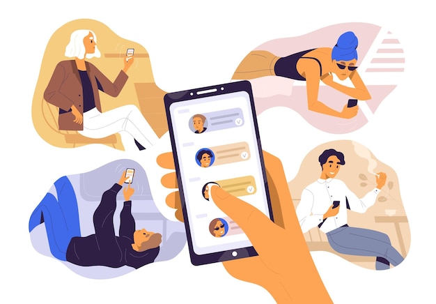 Vector concept of sharing news, refer friends online. hand holding smartphone with contacts on screen. person forwards messages to friends or colleagues. vector illustration in flat cartoon style.