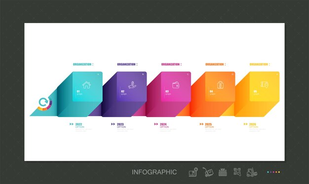 Concetto di processo di acquisto con 5 passaggi. cinque elementi grafici colorati. icone, passi