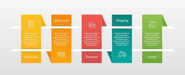 Concept of shopping process with 5 successive steps Five colorful graphic elements