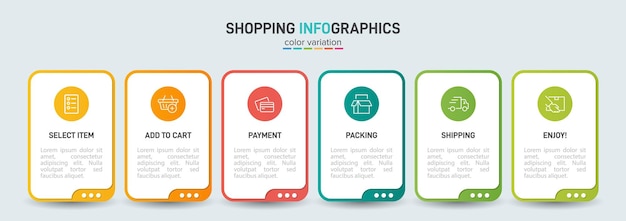 Concept of six colorful graphic elements shopping process with 6 successive steps