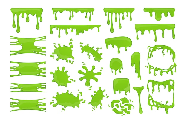 Concept slime set without people scene in the flat cartoon style image of slippery green spots