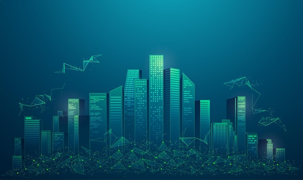 Concetto di smart city o città digitale, grafica di edifici con elementi low poly presentati in stile futuristico