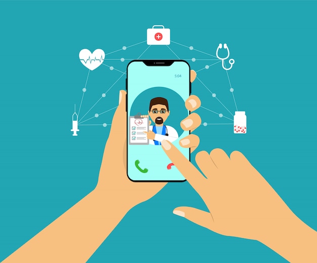 Концепция смартфон в руке, онлайн-консультации с врачом.