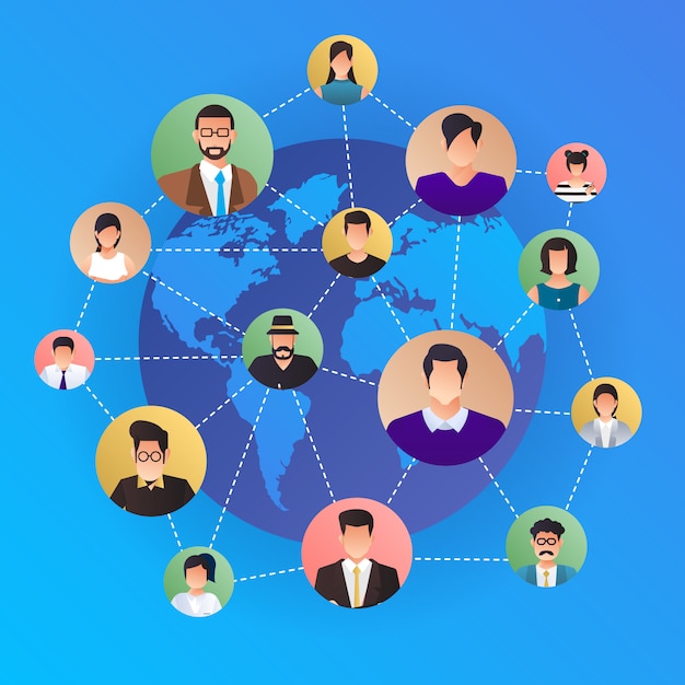 concept sociaal netwerk. Volkeren die over de hele wereld verbinding maken met het lijn- en avatarpictogram. illustreren.