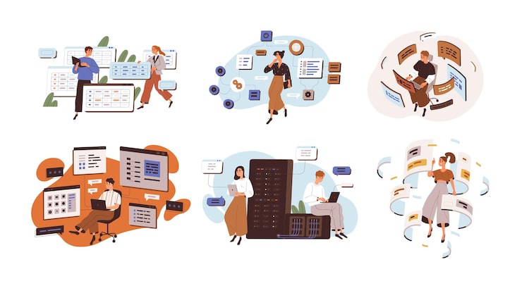 Vector concept of software development and web programming. set of people coding and working with cms architecture. flat graphic vector illustration of backend engineers isolated on white background.