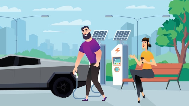 Concept Solar energy with people in the background cartoon style Man refuels his electric car