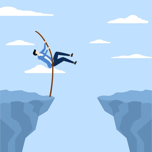 Concept of solution or skill to achieve target pole vault of confidence businessman jump over chasm