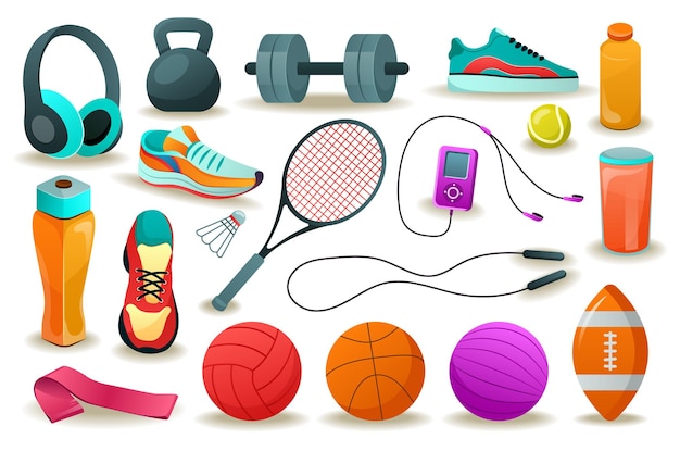 Concept sports equipment this flat cartoon design displays a set of sport equipment items