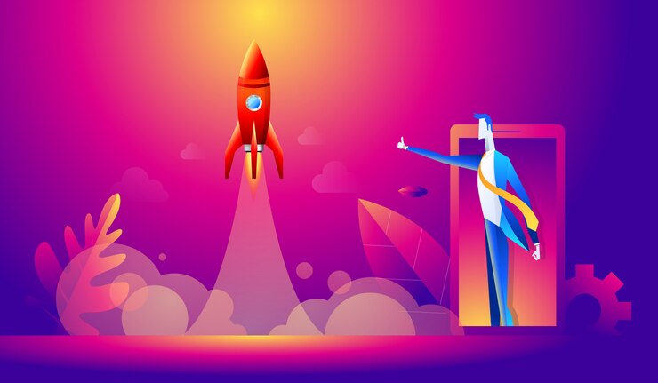 Вектор концепция запуска. мультфильм счастливые деловые люди большой палец вверх для запуска ракеты. плоский дизайн, иллюстрация
