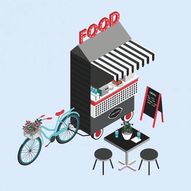 Concetto di cibo di strada. chiosco per biciclette, foodtruck, caffetteria portatile su ruote. illustrazione isometrica con fastfood punto vendita, tavolo e sedie. vista dall'alto. vettore colorato.