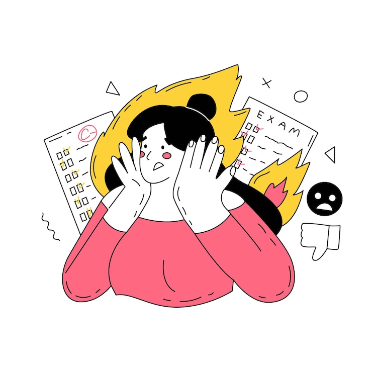 Vector 공부로 인한 스트레스의 개념 화재 및 시험 목록에 둘러싸인 소녀 열악한 학업 성적에 대한 좌절 흰색 배경에 격리된 벡터 그림