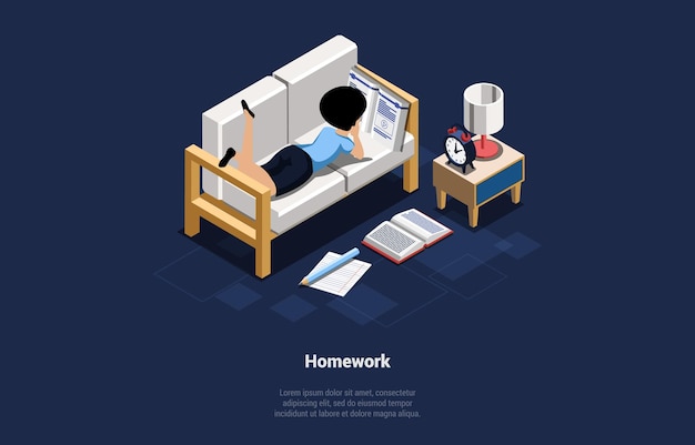 Concept of studying home schooling web courses and doing hometask female student lying on sofa at home and doing homework girl is reading educational materials isometric 3d vector illustration