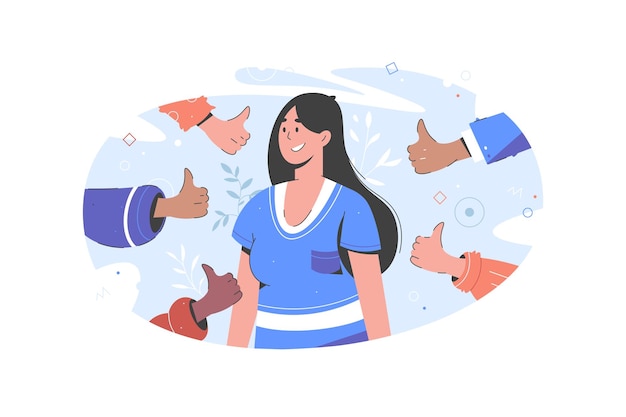 Concept of success. cheerful young woman surrounded by hands with thumbs up