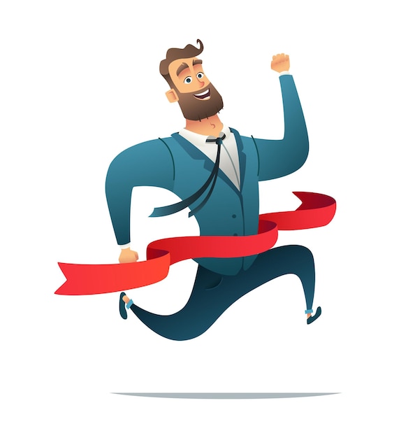 Vector concept of successful businessman or manager on finish office worker reaching finish line and winnin