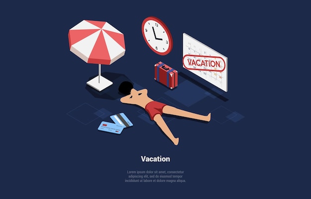 여름 방학 캐릭터의 개념은 수하물 달력 신용 카드 및 비치 우산 아이소메트릭 3d 벡터 일러스트와 함께 휴가 그림에 해변 시간에 거짓말을 하고 일광욕을 하고 있습니다.