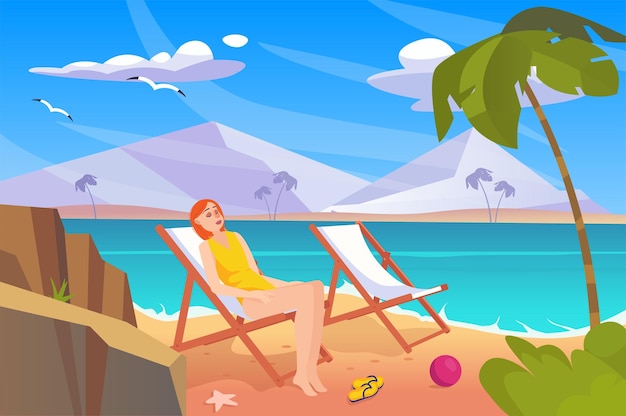背景の漫画デザインの女の子がビーチで休む人々 のシーンとコンセプトの夏