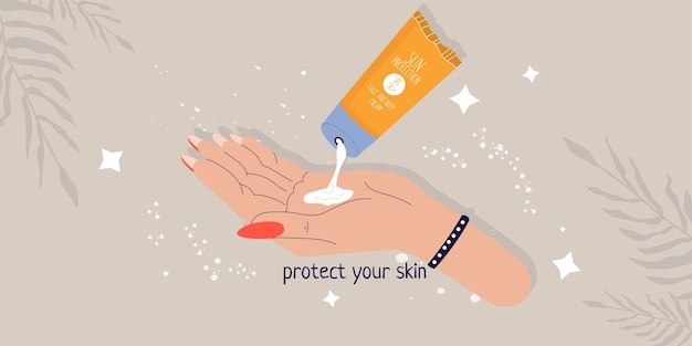 The concept of sun protection A banner with sunscreen on the arm Protect your skin Modern illustration for print and web