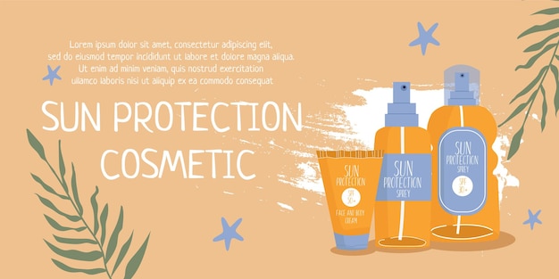 Il concetto di protezione solare banner con cosmetici per la protezione solare stelle marine e foglie di palma illustrazione moderna per la stampa e il web