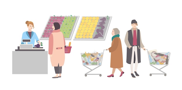 Concetto per supermercato o negozio. diverse persone con carrello della spesa hanno pesato le merci nel reparto di verdure. la ragazza pesa gli acquisti. illustrazione vettoriale piatto colorato.