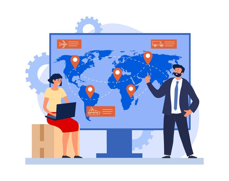 Vector concept of supply man and girl mark delivery addresses on map logistics and international