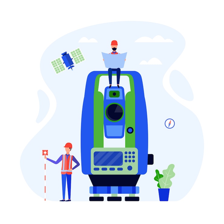Vector concept surveyors, geodesists and land engineers using  theodolite, measuring instruments.