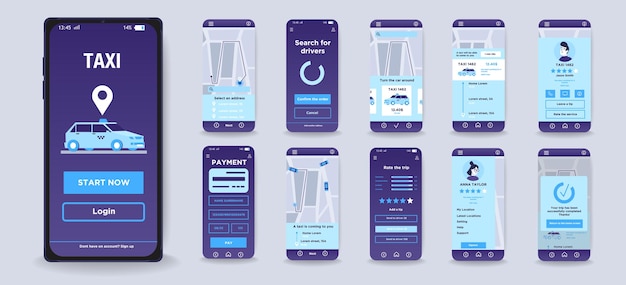Vector concept of taxi service mobile app in flat design set of interface screens with user page taxi
