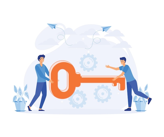 concept of teamwork Businessman and entrepreneur go to the door with a key