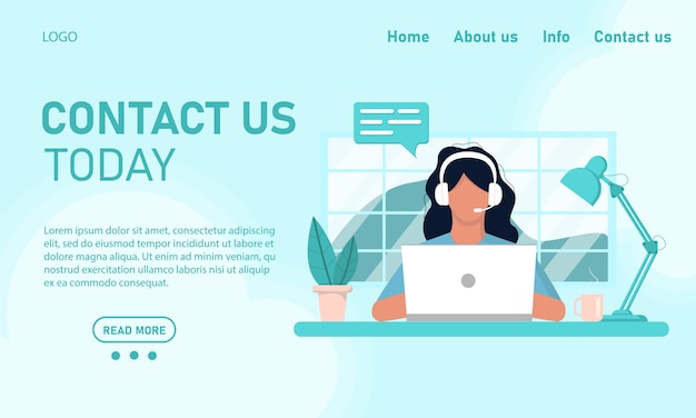 Concept template web site and banner chat customer service customer support. Girl in headphones operator working on a laptop working from home office, online training. Flat style